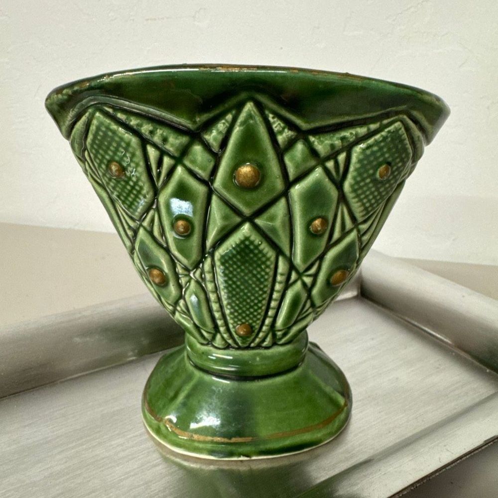 Vintage Ucagco Carved Vase Green Ceramic Decorative Art Deco Design Unique Decor